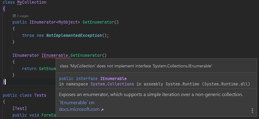 Custom collection not implement IEnumerable and IDE complaining about "IEnumerable.GetEnumerator" method