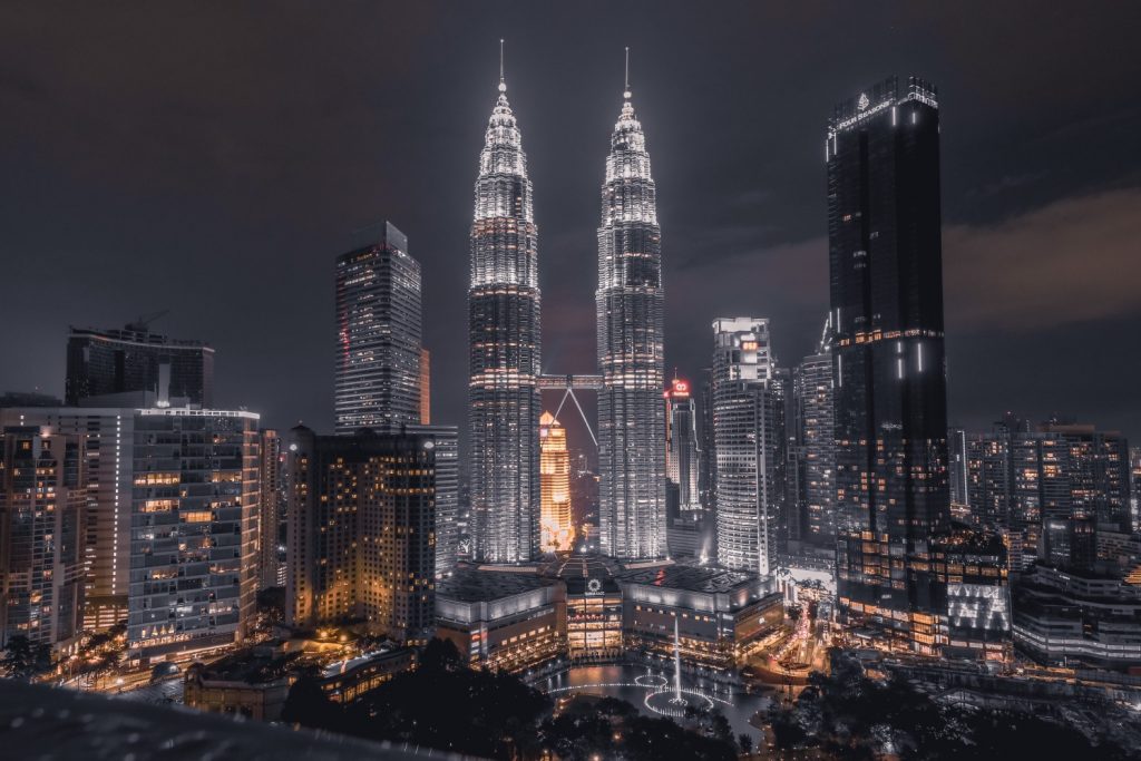 Kuala Lumpur, Malaysian capital at night with Petronas Twin Towers illuminated