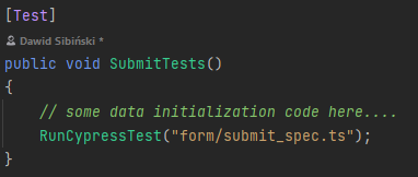The picture shows how to run cypress tests from nunit by only calling RunCypressTest("form/submit_spec.ts") - the method we will add soon