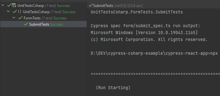 Run Cypress tests from NUnit - sample passed test in JetBrains Rider