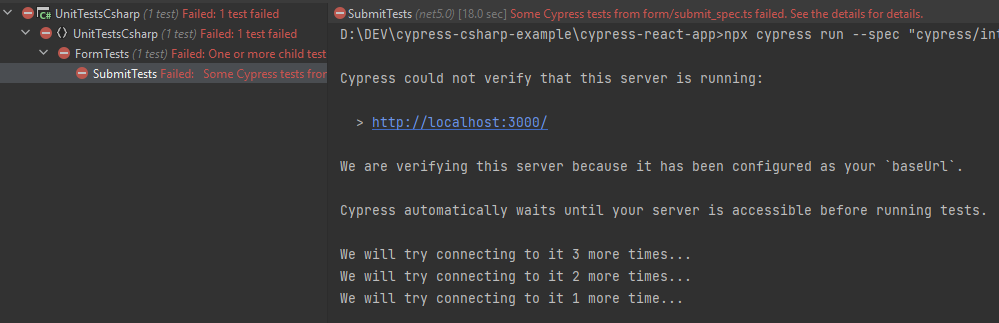 Run Cypress tests from NUnit - failed test in JetBrains Rider, all details from cypress visible