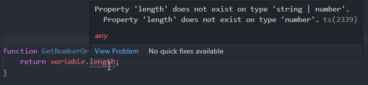 TypeScript complains that "lenght" doesn't exist on a variable of type "string" or "number"