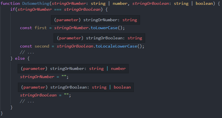 TypeScript types narrowing determines type of variable based on === equality operator